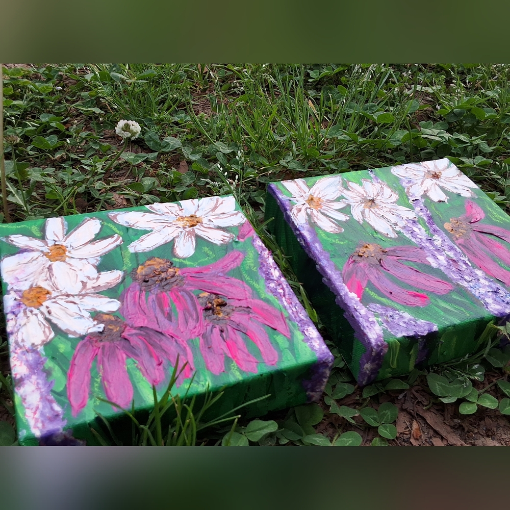 "Daisy Days" Original Artwork Diptych - Daisies & Magenta Coneflowers (2) 6 X 6 - Picture 7 of 8